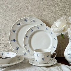 YICKYUE - Simple Blue Printing Tableware Kitchen Supplies White Relief Tableware Western Dessert Steak Cake Dim Sum Fruit Dish Set