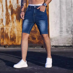 HEARUJOY - Men New Denim Shorts Knee Length Shorts Zipper Fly Solid Mid Waist Summer Spliced Pockets Casual Distressed Washed Skinny 2025