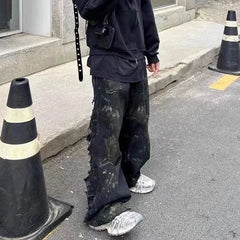 Hearujoy Mud Dyed Graffiti Distressed Hole Baggy Jeans for Men Frayed Streetwear Pantalones Hombre Casual Hole Wide Leg Denim Trousers