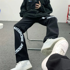 HEARUJOY - Men's Spring Autumn New Style Trendy Splicing Printed Pocket Fashion Versatile Loose Straight Tube Minimalist Casual Jeans