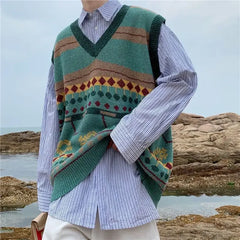 HEARUJOY - Sweater Man Casual Waistcoat V Neck Printed Knit Vests for Men Designer Cheap Korean Fashion Smooth Reviews Clothes Top Harajuku