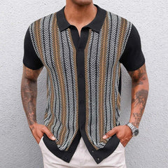 HEARUJOY - Summer Men's Color Matching Striped Jacquard Knitted Short-Sleeved Shirt Casual Fashion Trend Loose Breathable Daily Men's Tops