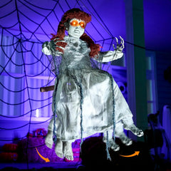 YICKYUE - Hanging Scary Swing Girl Halloween Decorations Outdoor Halloween Decorations Winging White Doll with Creepy Sound and Light Up Eyes Sound, Animatronics Hanging Decors Activated