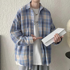 HEARUJOY - Casual Outing XL Blue Plaid Casual Top Men Plaid Long Sleeve Shirt Long Sleeve Casual Style Daily Use Shirt Lapel Neckline