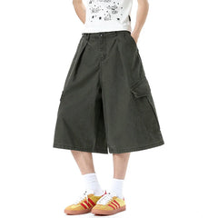 HEARUJOY - Vintage Men's Shorts Fashion Trend Fold Washed Distressed Adjustable Multi-pocket Male Jorts Over Knee Length 9W3516