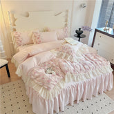 YICKYUE - 3/4Pcs Princess Style Pink Floral Print Lace Ruffle Boiled Cotton Bed Set Queen Size Double Bed Linen Full-Size For Room