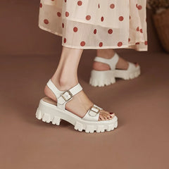 Hearujoy New Summer Women Shoes Concise Thick Heel Leather Sandals Platform Shoes Platform Sandals White Genuine Leather Flats black