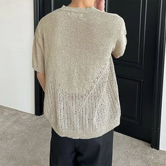 HEARUJOY - Men's Beige Textured Short Sleeve Knit Top Loose Fit Hollow Out Design Summer Casual Fashion Comfortable Knitwear