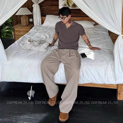 HEARUJOY - New Retro Fashion Men Suit Pants Light Luxury Draped Baggy Belt Button-down Solid Color Straight Trousers Elegant Dress Pants