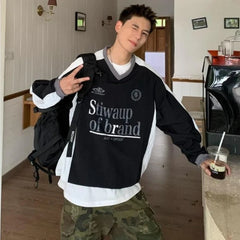 HEARUJOY - Spring American Trendy Mens T-shirt Spring Autumn Hip Hop Emblem Embroidery Long Sleeved Tops Color Block Loose Male Tees