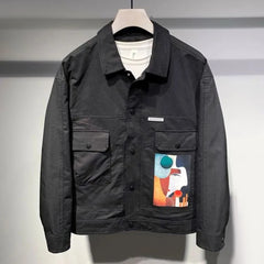 Hearujoy Japanese Retro Uninhibited Handsome V-Neck Denim Jacket Mens Trendy Brand Youth Fashion Graffiti Slim Solid Casual Shirt