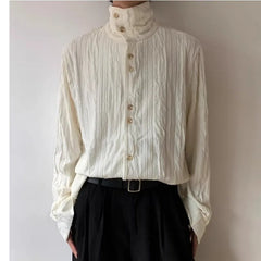 HEARUJOY - Men's French Style Vintage Pleated Textured High Collar Button Up Shirt Spring Autumn Y2K Harajuku Solid Long Sleeve Loose Tops