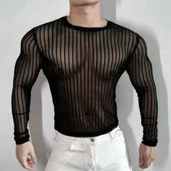 HEARUJOY - Mens T-Shirt Striped Sexy Slightly Transparent Stretch T-Shirt Fashion Streetwear Tight Casual Long Sleeve Top Men'S Clothing