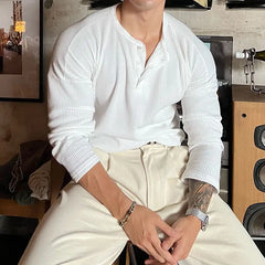 HEARUJOY - Vintage Trend Fashion Men T-Shirts Spring Autumn New Solid O-Neck Button Waffler Elastic Quick Dry Casual Loose Long Sleeve Tops