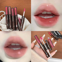 YICKYUE - 1Pc Dark Rose Red Glass Lip Gloss Korean Mirror Water Lip Glaze Double Head Matte Lipstick Non-Sticky Waterproof Lip Tint Makeup