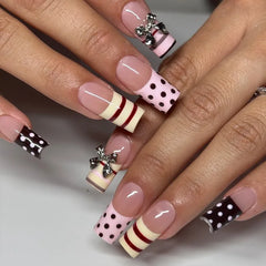 YICKYUE - 24PCS Y2k Dark Medium Square False Nails Black Lace Cross French Polka Dot Press on Nails 3D Metallic Silver Bow Heart Nail Tips