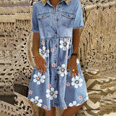 HEARUJOY - Women Elegant Turn-Down Collar Denim Dress Spring Floral Print Button Shirt Dress Summer Short Sleeve A-Line Party Dress Vestido