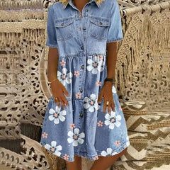 HEARUJOY - Women Elegant Turn-Down Collar Denim Dress Spring Floral Print Button Shirt Dress Summer Short Sleeve A-Line Party Dress Vestido