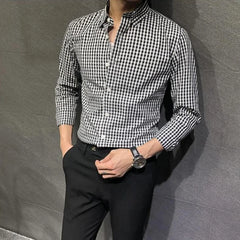 HEARUJOY - Men's Black White Small Checkered Long Sleeve Shirt Slimming Versatile Slim Fit All Season Spring Top