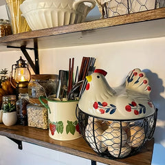 YICKYUE - 1pc Farmhouse Hen-Shaped Ceramic Egg Baske -Ceramic Egg Holder with Lid,Rustic Kitchen Organizer for Fruits/Veggies