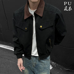 HEARUJOY - PU Jacket men 2025 autumn winter new faux leather men jacket contrast collar design short motorcycle windproof fashion trendy