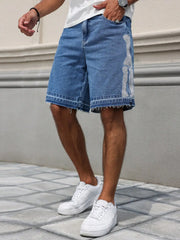 HEARUJOY - Men's summer denim shorts. Blue wide-leg denim shorts. Street fashion. Daily casual. The fit is loose and comfortable.