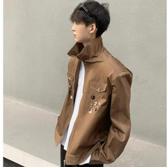 HEARUJOY - Spring Retro Irregular Button Mens Jacket Shoulder Pad Design Trend High Street Coats Motorcycle Fashion Stand Collar Outwear