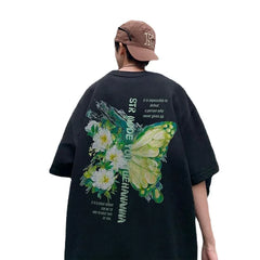 YICKYUE - Men's Cotton T-shirts White Mens Oversized T Shirt Casual Summer Wear Flower Butterfly Print 5XL Tee Shirts for Men Male Clothes