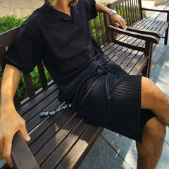 HEARUJOY - Summer Fashion Knitted Two Piece Set Streetwear Casual Loose Solid Men Vintage Short Sleeve Polo Shirts And Shorts MaleSuits