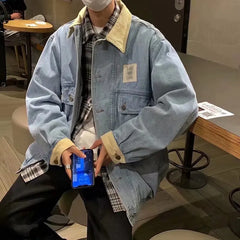 HEARUJOY - Retro Lapel Denim Jacket Men Jean Jackets Streetwear Turn Down Collar Denim Coats Cotton Casual Black Blue Coats Man Clothing