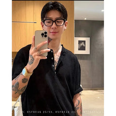 YICKYUE - Summer Solid Color Henley Neck Short Sleeve T-Shirt Men's Breathable Cotton Crew Neck Casual Tee Regular Fit Clothing XXL