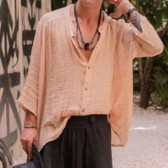 HEARUJOY - Vintage Men's Shirt Cotton Linen Pleated Loose Long Sleeve Men Shirts Summer Harajuku Male Fashion Shirt Streetwear