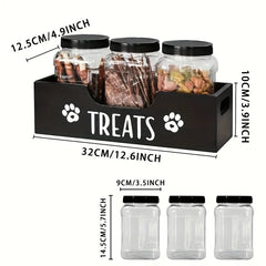YICKYUE - Natural Wooden Pet Snack Box with 3 Sealed Plastic Containers - Airproof Cat & Dog Food Storage Organizer