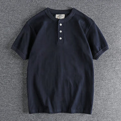 HEARUJOY - Tough Guy Style Heavyweight Wash Cotton Henry Neck Short Sleeve T-shirt Men's Summer Personalized Versatile Tops Tee Sold Color