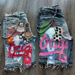 Hearujoy Hip Hop Painted Patchwork Baggy Denim Shorts y2k Fashion Street Gothic Punk Straight Jeans Shorts Men Women Retro Trendy Jorts