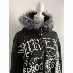 Hearujoy Gothic Retro Y2K Letter Pattern Black Plush Collar Zipper Hoodie Women's Autumn and Winter Warm 2000s Harajuku Cardigan Jacket