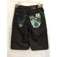 Hearujoy Button Embroidery Splicing Jeans Shorts Summer New Harajuku Style Fashion Brand Retro Washed Loose Ins Trend Quarter Pants