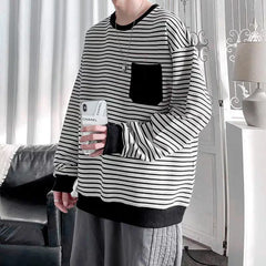 HEARUJOY - Men Trendy Striped Patchwork Streetwear Y2K Oversize Basic T-shirt Japanese Style Round Neck Long Sleeve Cotton Tops Ropa Hombre
