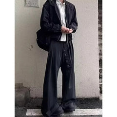YICKYUE - Unisex Wide-Leg Trousers - High Waist with Button Fly Pleated Relaxed Fit