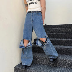 Hearujoy Belt Male Jeans Personalized Buckle Design Patchwork Washed Solid Color Men's Denim Pants Spring Stylish 9A8918