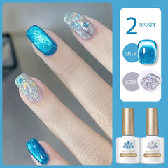 YICKYUE - 2Pcs Gel Nail Polish Set Kits Blue Glass Moonlight Cat Magnetic Gel with Sparkling Glitter Soak Off UV LED Varnish