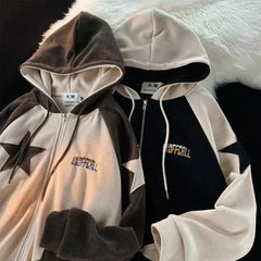 Hearujoy American Style New Star Patterned Patch Embroidered Zipper Hoodie Retro Corduroy Design Couple's Hip-Hop Harajuku Loose Cardigan