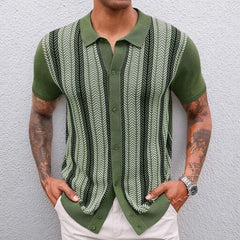 HEARUJOY - Summer Men's Color Matching Striped Jacquard Knitted Short-Sleeved Shirt Casual Fashion Trend Loose Breathable Daily Men's Tops