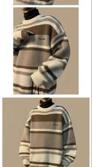 HEARUJOY - Men's Retro Striped Contrast Thickened Trendy Brand Loose Sweater Jacket