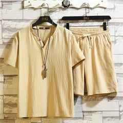 HEARUJOY - Cotton Linen T-shirts Shorts Suits for Men V-neck Plain Sports Novelty in New Tops & Tees Aesthetic Kpop Regular Fit Man Sets