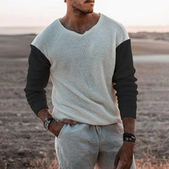 HEARUJOY - Men's Casual Knitted Sweater, Long Sleeve, Patchwork Color, O-Neck Tees Top, Loose Hollowed Breathable Knitwear, Streetwear
