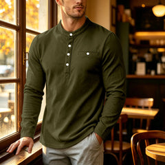 YICKYUE - American Retro Henry Collar Tshirts Mens Long Sleeved Button Placket Pocket Polo Shirts Spring Autumn Casual Loose Knit Tee Top