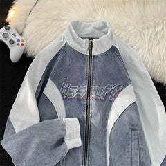 Hearujoy American Street Denim Patchwork Embroidered Stand Up Collar Jacket for Men Women Loose Versatile Casual Corduroy Bomber Jacket