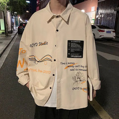 Hearujoy Shirt Men's Coat Korean Style Trendy New Print Splicing Long Sleeved Casual Loose Workwear Shirt Men
