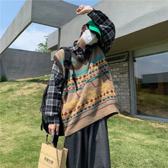 HEARUJOY - Sweater Man Casual Waistcoat V Neck Printed Knit Vests for Men Designer Cheap Korean Fashion Smooth Reviews Clothes Top Harajuku